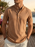 4pcs Men'S Casual Striped Linen Blend Henley Shirts, Breathable Short Sleeve Summer Tops, Suitable for Daily, Beach, And Vacation - Color Mixing 5