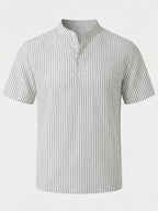 1pc Men'S Striped Short-Sleeve Henley Shirt, Lightweight Breathable Half-Button Casual Top, Linen Blend Regular Fit, Multi-Color Available, Suitable for Daily Wear, Travel, Vacation, And Home Leisure - White