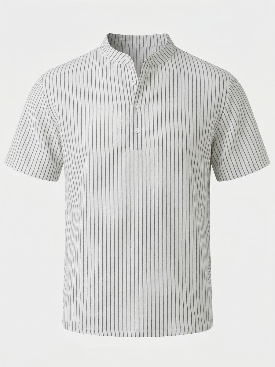 1pc Men'S Striped Short-Sleeve Henley Shirt, Lightweight Breathable Half-Button Casual Top, Linen Blend Regular Fit, Multi-Color Available, Suitable for Daily Wear, Travel, Vacation, And Home Leisure - White
