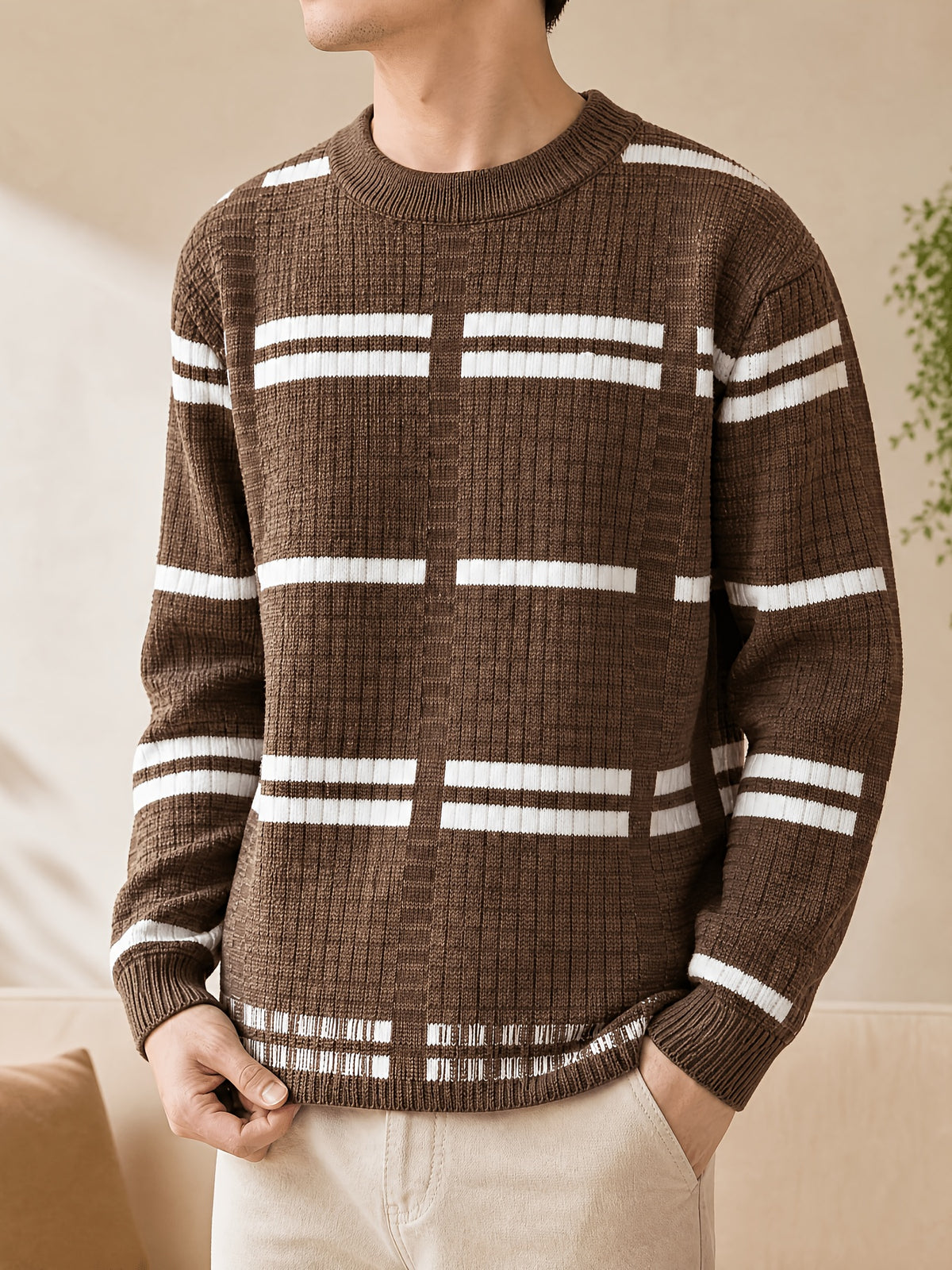1pc Du Jing Lan OBM Men's Knit Sweater - Old Money Style Contrast Color Striped Crew Neck Sweater, Business Casual Striped Pullover Suitable for Layering, Golf, Basketball, Outdoor & Daily Wear, Belt-Free Warm Sweater for Spring/Autumn/Winter - Coffee Color