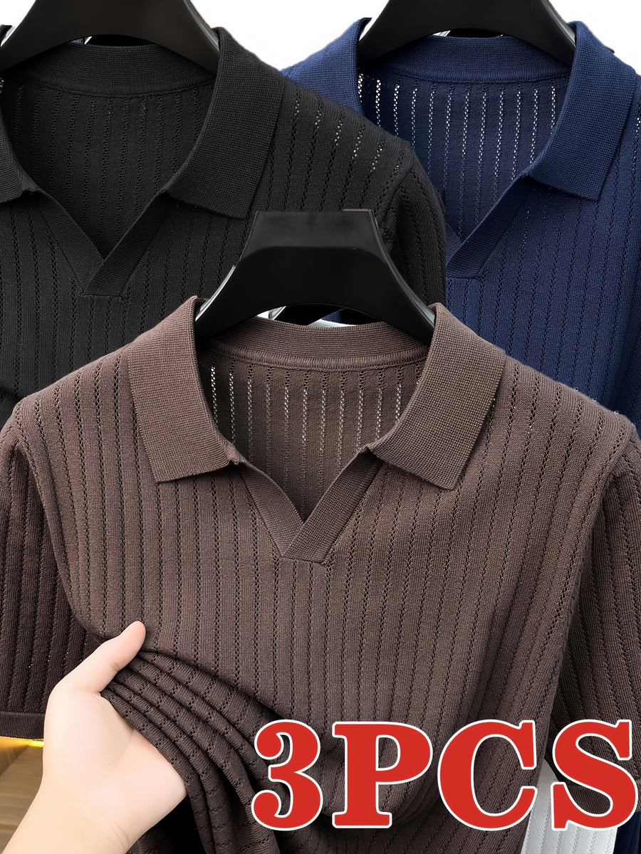 Du Jing Lan OBM 3pcs Set: New Spring/Summer Men's Knitted Pullover, Old Money Style Solid Color Plaid Openwork Breathable Short-Sleeve T-Shirt, Men's Business Casual Fashion Half-Placket Lapel Knit Polo Shirt Base Layer Top. Suitable for Wearing - coffee+black+navy