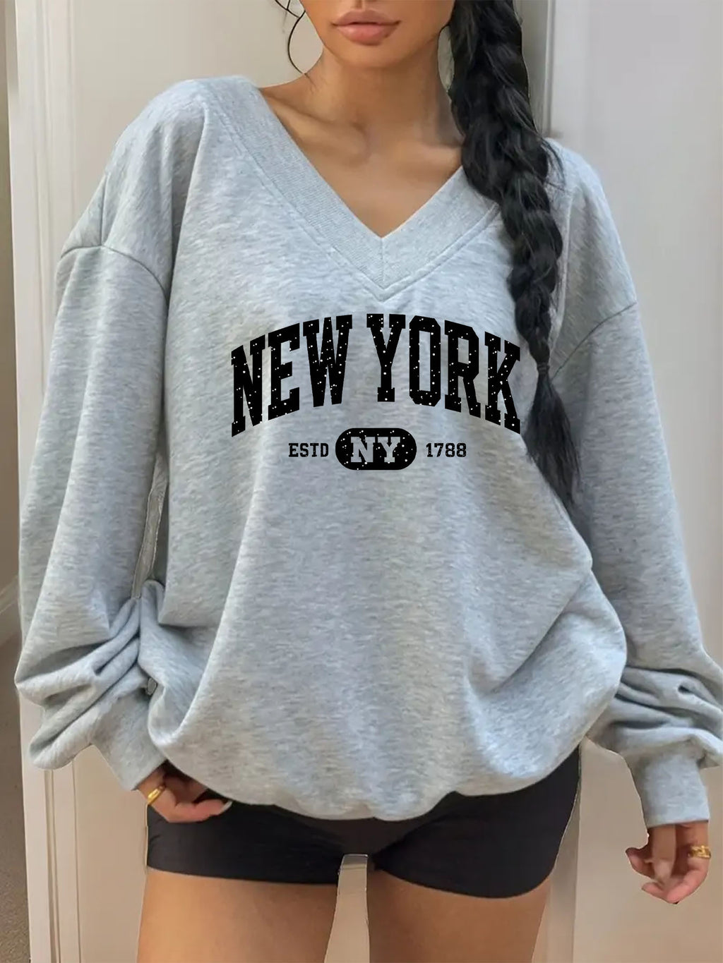 Women'S Plus Size V-Neck Printed Sweatshirt, New Fashion Letter Print Fall Winter Warm Hoodie D 369 - Grey