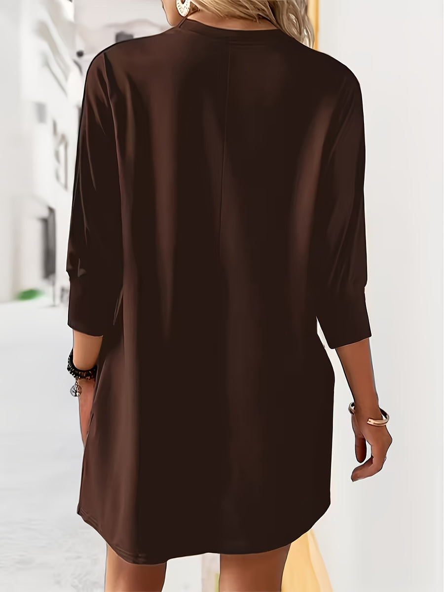 Women's Short Loose Autumn Winter Dress, Urban Fashion, Elegant Commute - Coffee Brown