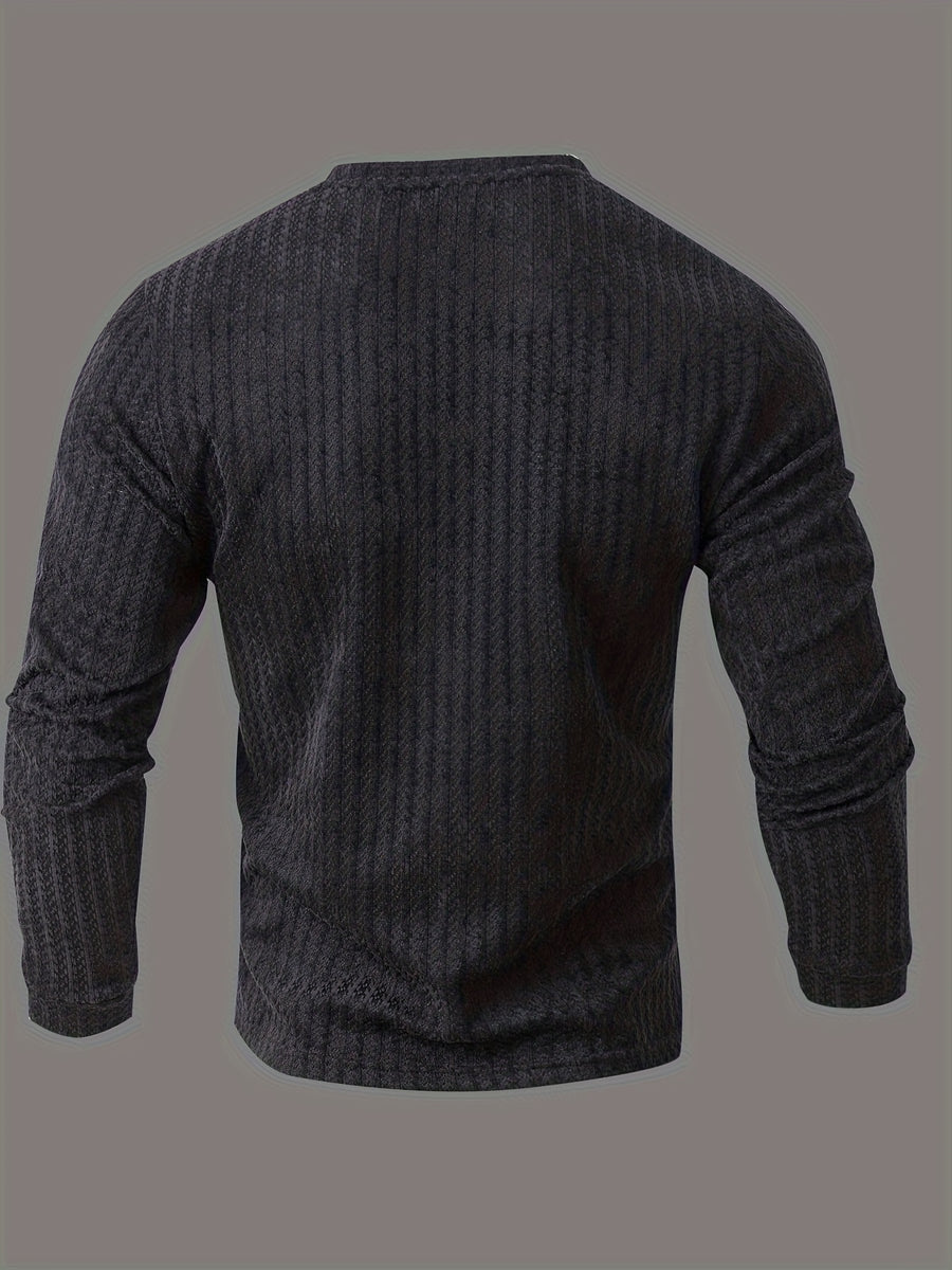 Men's Fashion Casual Long-Sleeve Henley Shirt | High-End Houndstooth Textured Jacquard Henley Collar T-Shirt | Notched V-Neck Design | Long-Sleeve Henley T-Shirt in a Loose and Comfortable Fit | Essential Golf Polo Attire | Breathable - Midnight Black