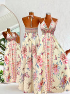 Women's Summer Fashion Bohemian Print Sleeveless Beach Dress - Yellow