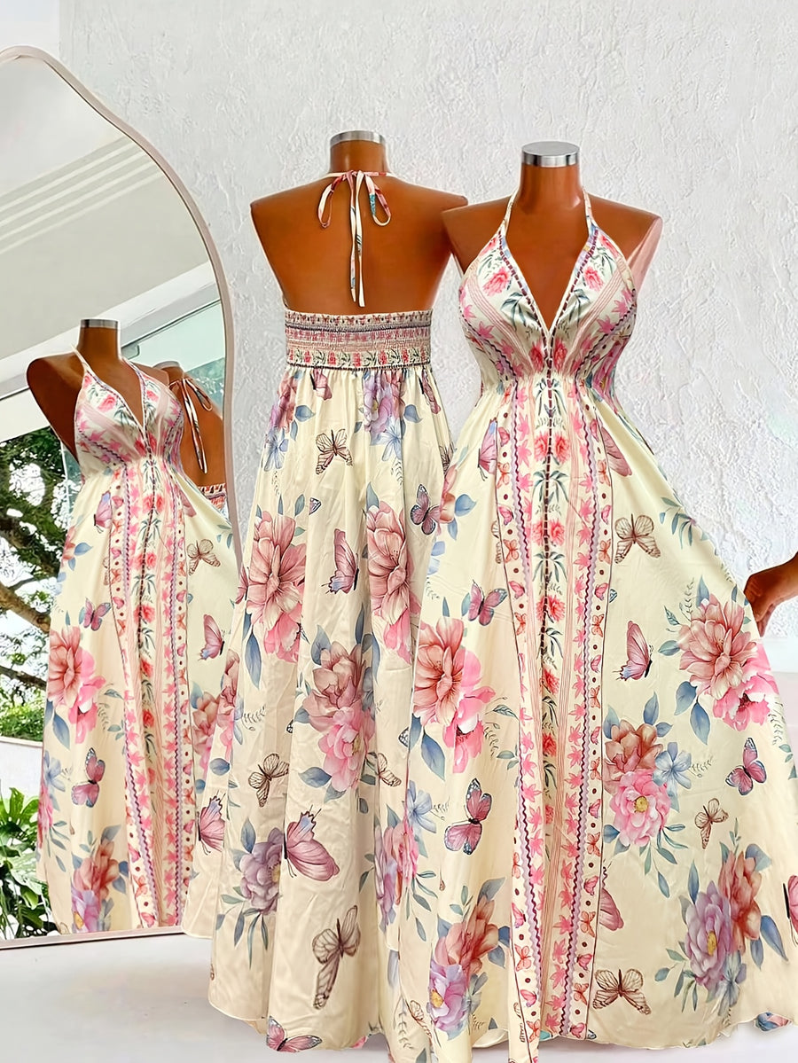 Women's Summer Fashion Bohemian Print Sleeveless Beach Dress - Yellow