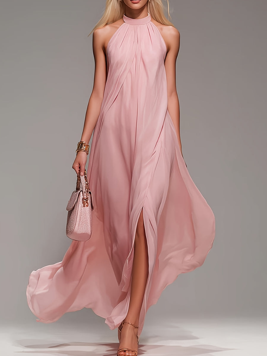 New Spring/Summer 2026 Small Round Neck Fashionable Split Versatile Women's Dress - Pink