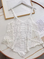 Cami Top, Suitable for Spring Summer Autumn, Elegant And Versatile for Skirt And Pants, Elegant Casual Vacation Women'S Pullover, Women'S Summer Fall Clothing, Promotion Women'S Wear, Embroidered Hollow-Out Craft - White