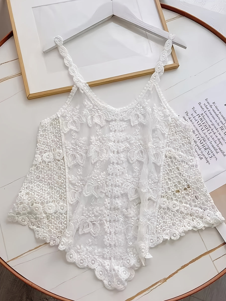 Cami Top, Suitable for Spring Summer Autumn, Elegant And Versatile for Skirt And Pants, Elegant Casual Vacation Women'S Pullover, Women'S Summer Fall Clothing, Promotion Women'S Wear, Embroidered Hollow-Out Craft - White