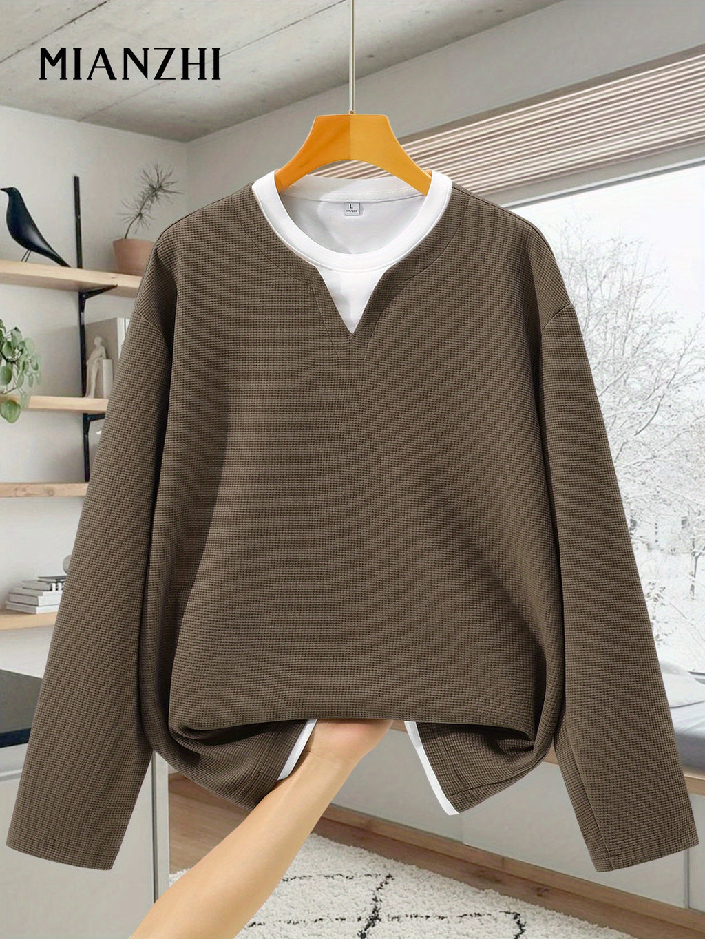 Men's Long-Sleeve T-Shirt, New Spring/Autumn Waffle Knit Fabric Top, 2-in-1 Look Design, Crew Neck Solid Color Base Layer Shirt - Coffee Color