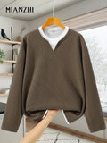 Men's Long-Sleeve T-Shirt, New Spring/Autumn Waffle Knit Fabric Top, 2-in-1 Look Design, Crew Neck Solid Color Base Layer Shirt - Coffee Color