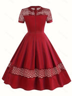 Vintage 50s Women's Dress with Round Neck, Lace Trim, and Short Sleeves - Burgundy
