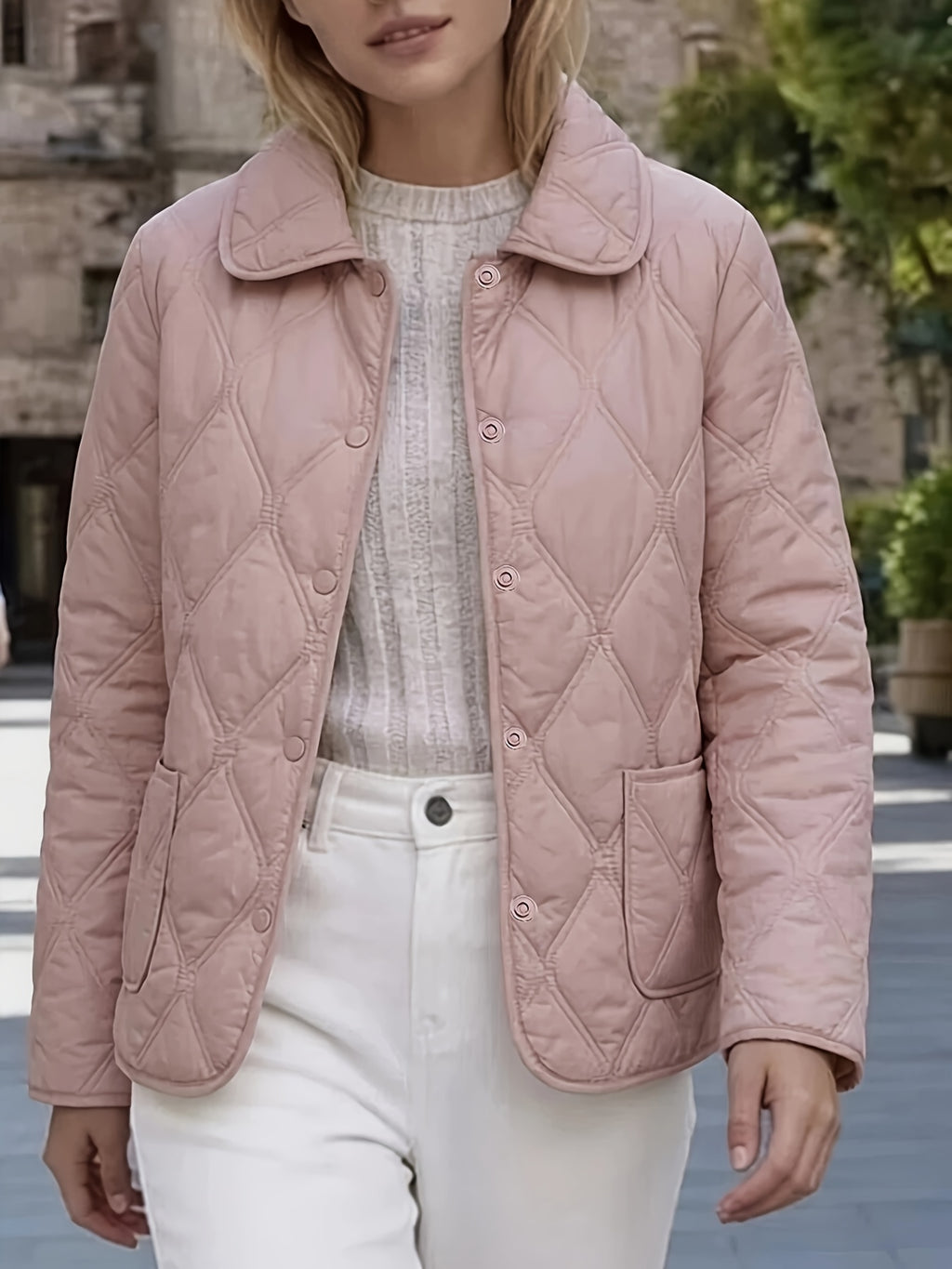 Spring/Autumn Women's Outerwear, Doll Collar Rhombus Quilted Padded Coat, New Year Outfit and Year-End Style, Versatile Top for Daily Commuting and Dates, High-Quality Women's Clothing, Elegant and Chic Loose Fit Padded Coat, Popular Top - Pink Color