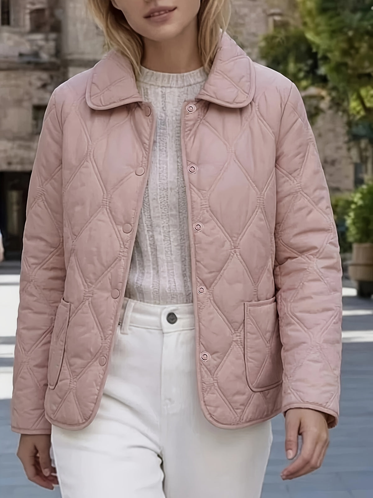 Spring/Autumn Women's Outerwear, Doll Collar Rhombus Quilted Padded Coat, New Year Outfit and Year-End Style, Versatile Top for Daily Commuting and Dates, High-Quality Women's Clothing, Elegant and Chic Loose Fit Padded Coat, Popular Top - Pink Color