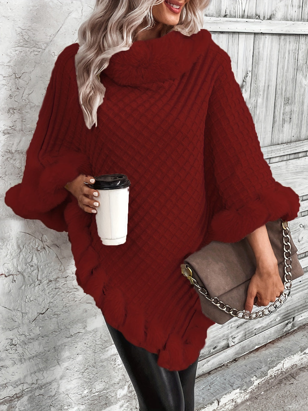 Women'S Elegant Faux Fur Collar Cape Coat - Soft Winter Coat with Plush Fur Trim, All-Season Chic Outerwear for Everyday & Formal Events - Burgundy