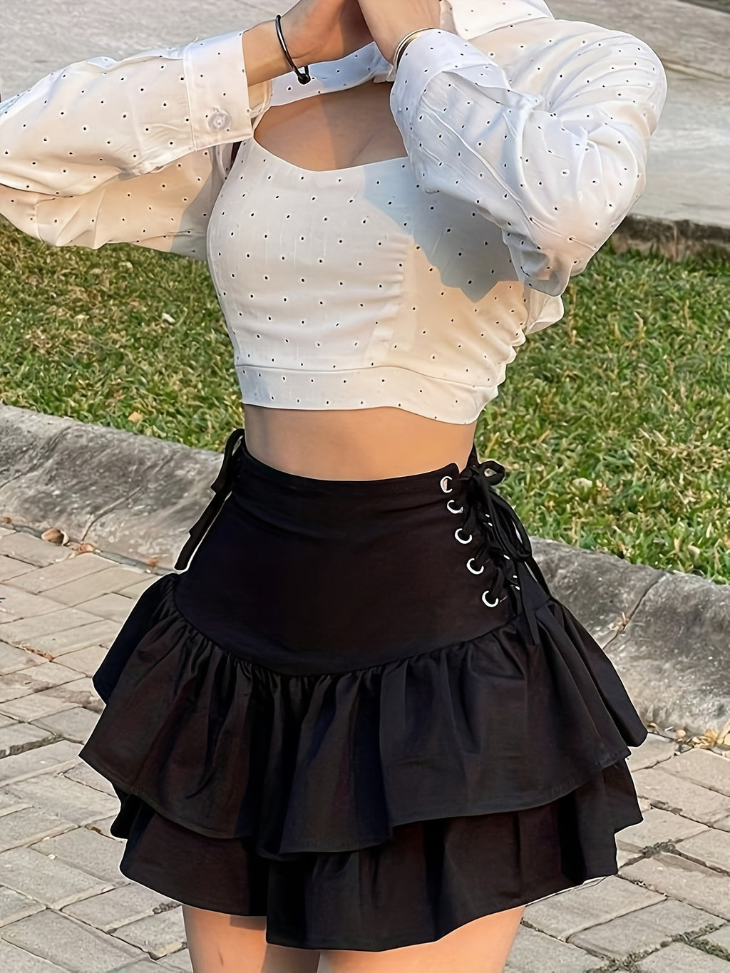 Women'S Black Tiered mini skirt - Side Metallic eyelets & lace-like accents, flared layers for party, office, Everyday - Non-See-Through Formal & Casual Outfits - JY0416007, Party Attire, Layered Design, Office Wear, Stylish Eyelets, Durable Fabric - Black