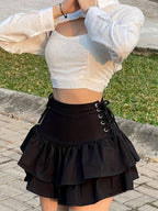 Women'S Black Tiered mini skirt - Side Metallic eyelets & lace-like accents, flared layers for party, office, Everyday - Non-See-Through Formal & Casual Outfits - JY0416007, Party Attire, Layered Design, Office Wear, Stylish Eyelets, Durable Fabric - Black