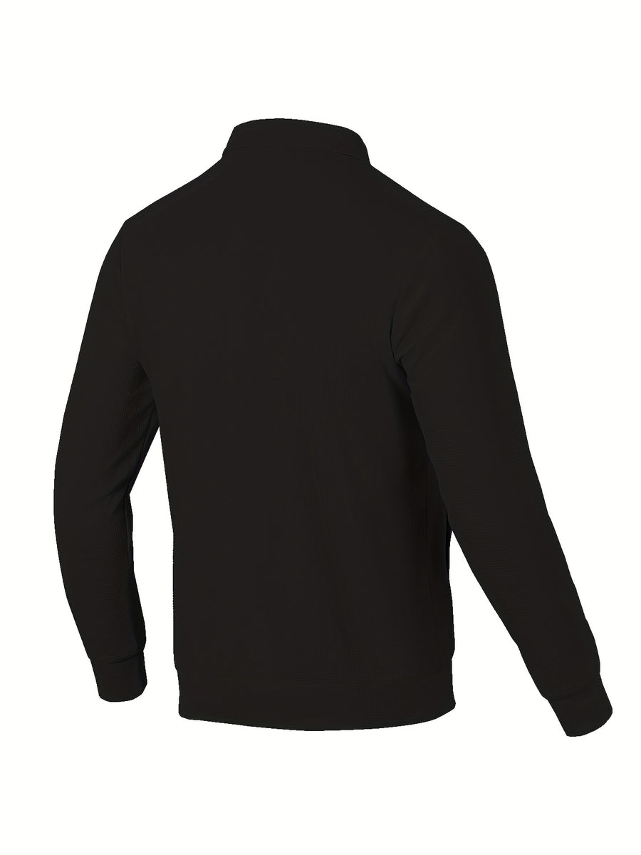 [Pearson OBM] Spring/Autumn New Men'S Solid Color Lapel Waffle Outdoor Sports Comfortable Breathable Men'S Jacket Long Sleeve Button-Up Jacket (Random Print) - Black