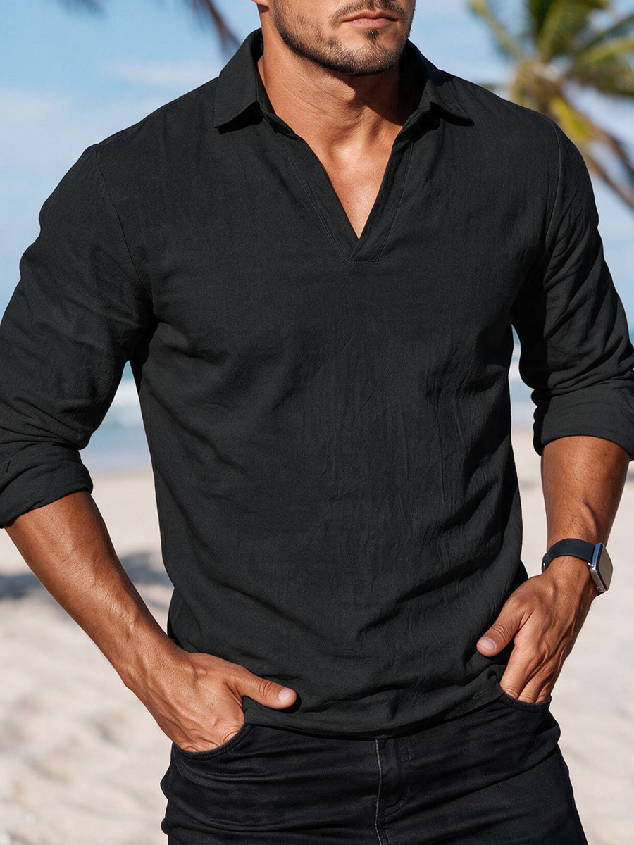 KJ-CX023-YY Old Money Style Men'S Solid Color Henley Lapel Long Sleeve Top V-Neck Pullover Shirt Beach Vacation Casual Shirt Outerwear - Black