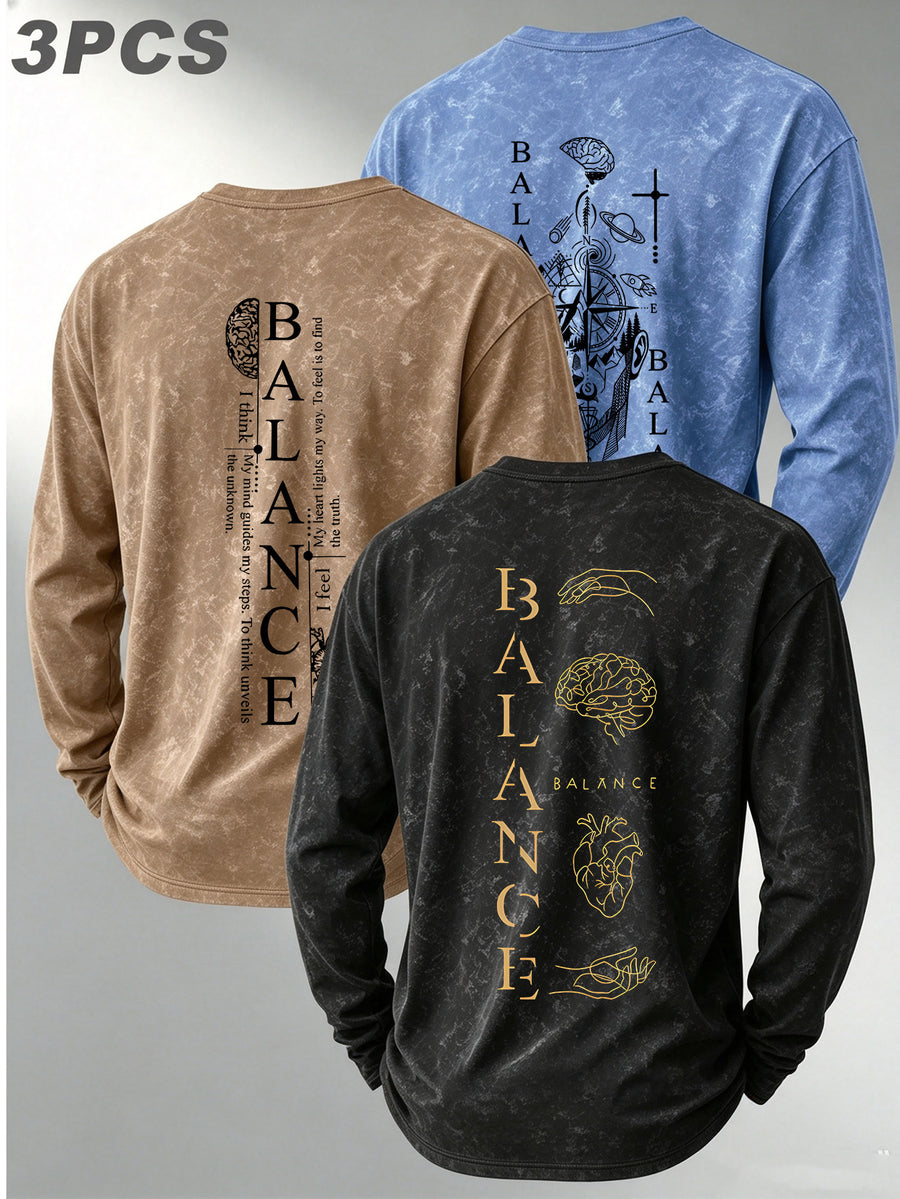Versatile Basic 3pcs Set Distressed Long-Sleeve Men's Washed Crew Neck Daily Commute Casual Long-Sleeve Top - Black+Khaki+Light Blue