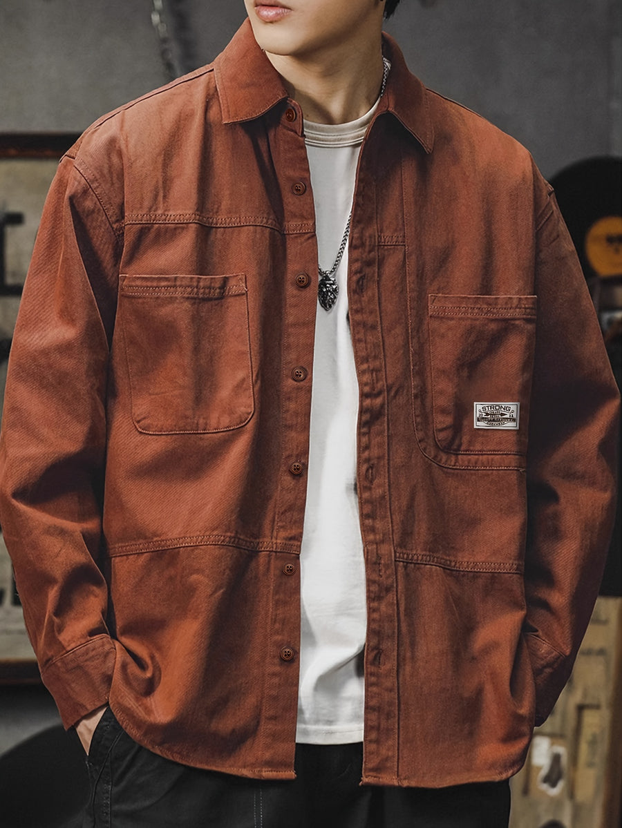Men'S Cargo Shirt Spring Autumn Long Sleeve Top Vintage Workwear Style Multi-Pocket American Casual Top Outerwear, New Season - Rust