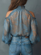 Bohemian Retro Paisley Shell Texture Chiffon Printed Sheer Off-Shoulder High Neck Long Sleeve Blouse, Fashionable Commute Spring Summer - Multicolor