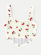 Fashion Cherry Print Cami Bodycon Short Vest Statement Backless Women'S Outerwear - Milky