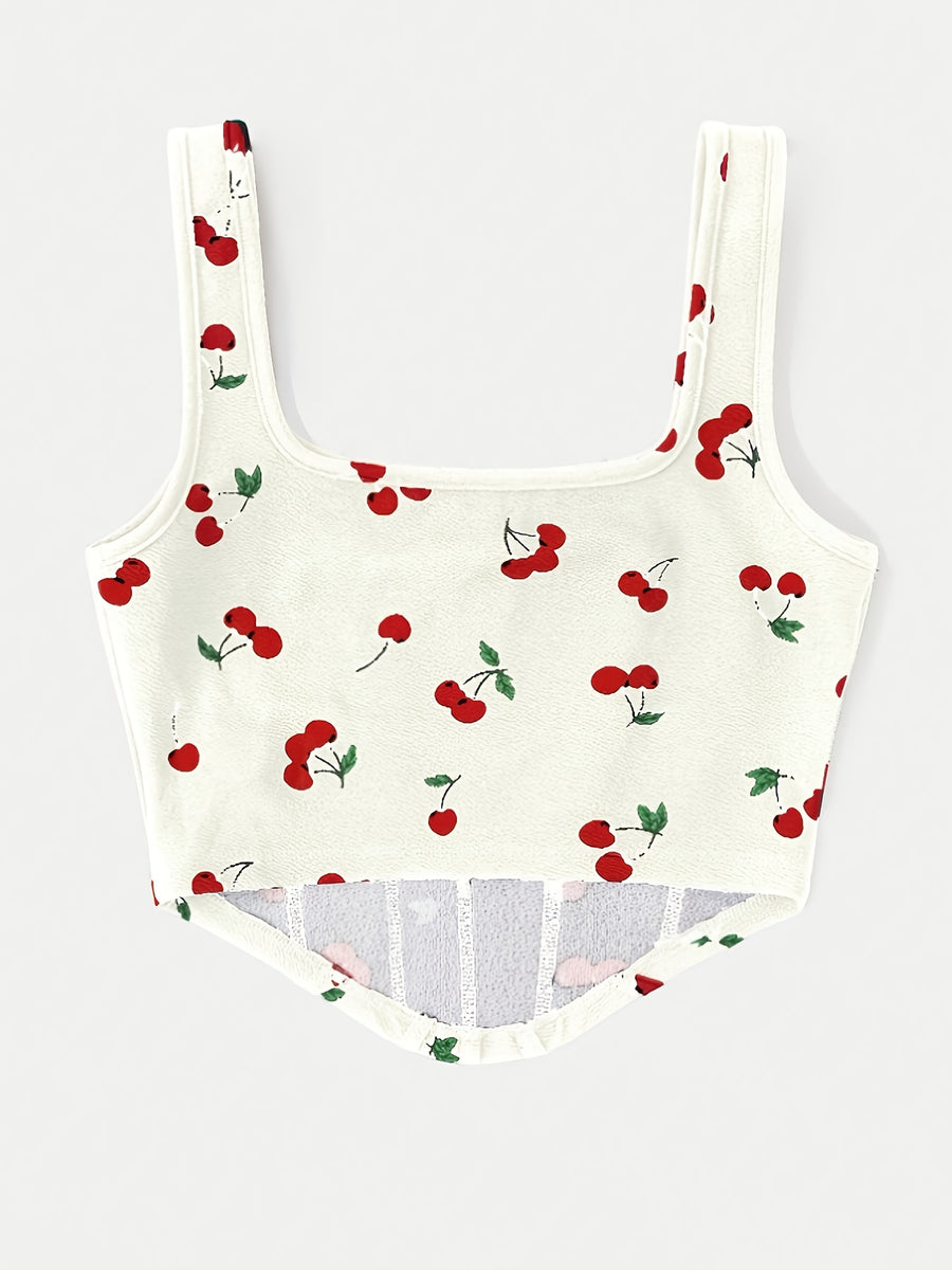Fashion Cherry Print Cami Bodycon Short Vest Statement Backless Women'S Outerwear - Milky