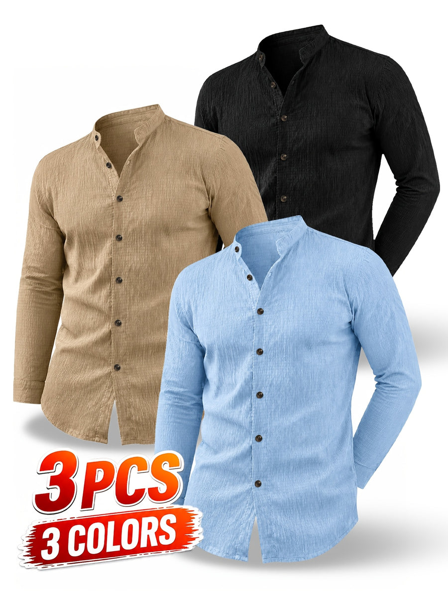 [Know And Give OBM] 3pcs Men'S Casual Long Sleeve Shirts - Lightweight Breathable Solid Color Stand Collar Summer Shirts, Adjustable Cuff with Double Buttons, Suitable for Beach Vacations, Pool Parties, And Outdoor Activities, Ideal Gift - Blue+Khaki+Black