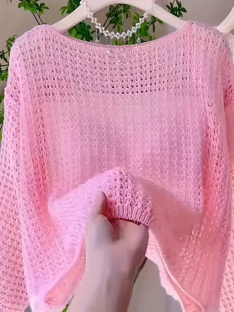 Women's New Spring/Summer Hollow-Out Solid Color One-Shoulder Pullover Knitwear, Casual Style Outer Cover-Up Shirt - Pink Color