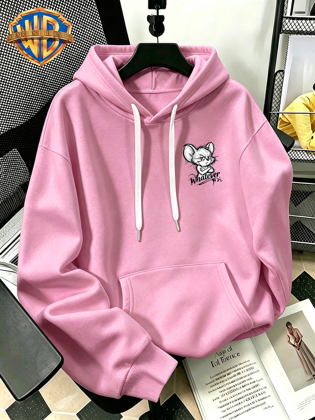 Halloween/Back to School/Date Night/Father'S Day Gift Choice - Sketch Style Cute Little Mouse Print Hoodie - Men'S Essential Hoodie with Pockets And Drawstring Design, Ideal for Warmth, Perfect for Casual Wear Or Outdoor Activities - Unisex - Pink Color