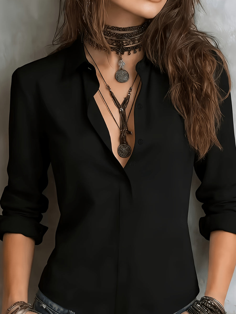 New Women's Solid Color Long-Sleeve Shirt with Lapel Collar, Designed to Create a Professional and Capable Look, Made with Skin-Friendly and Comfortable Fabric - Black