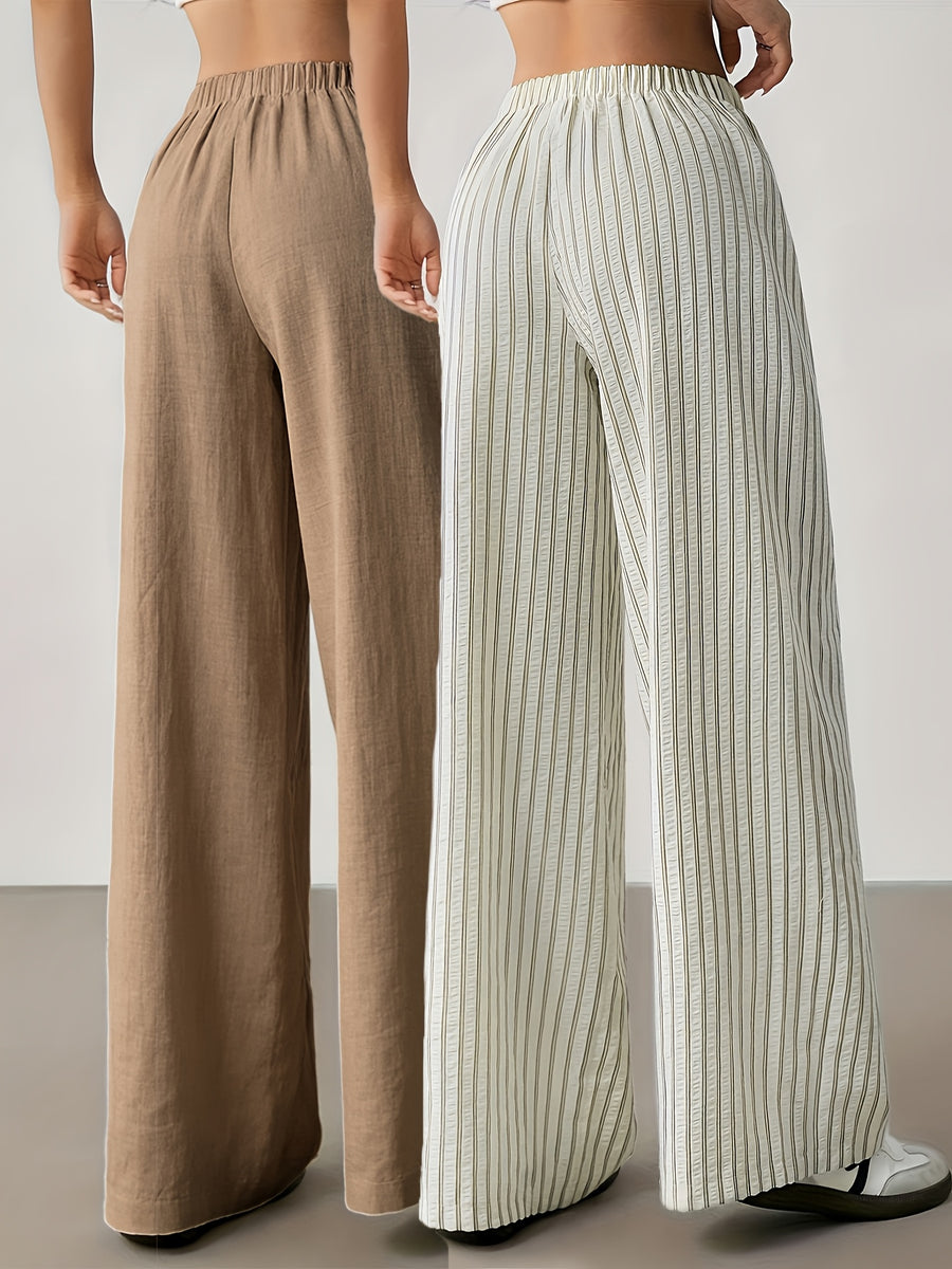 2pcs Summer Women'S New Linen Synthetic Wide-Leg Pants Women'S High-Waist Drapey Loose Vacation Style Straight Casual Trousers Striped Solid Color Drawstring Floor-Length Pants Commute All-Match Women'S Trousers - Light Coffee + Apricot Stripe