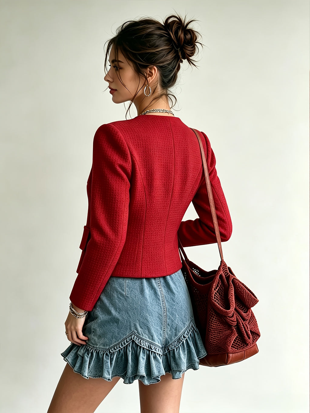 Red High-End Women's Blazer, Elegant and Stylish, Classic Elegant Style, French-Style Regular Blazer, Elegant, Long Sleeve, Double-Breasted with Pearl Buttons, Round Neck, Tie, Lined Jacket - Red