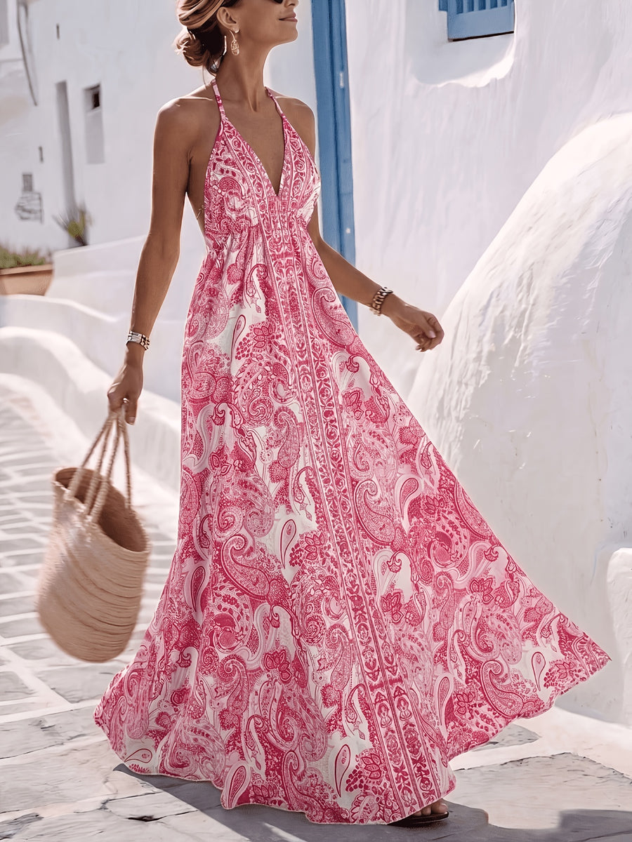 Women'S Summer Vacation Style Printed Backless Drawstring Dress, Perfect for Parties, Birthdays, And Dates - Red