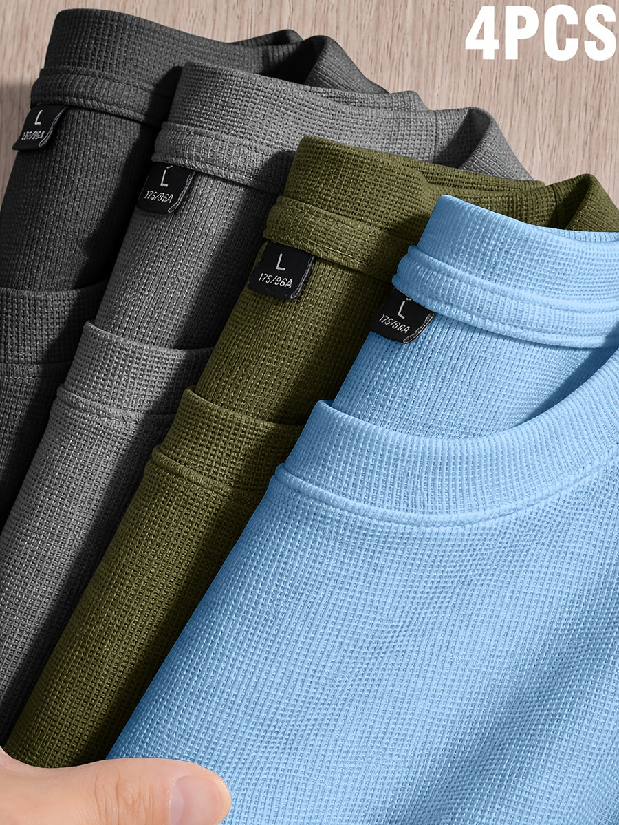 Versatile Summer Casual Small Waffle Grid Cool Short-Sleeved T-Shirt 4pcs Set - Light Blue+Army Green+Medium Gray+Black