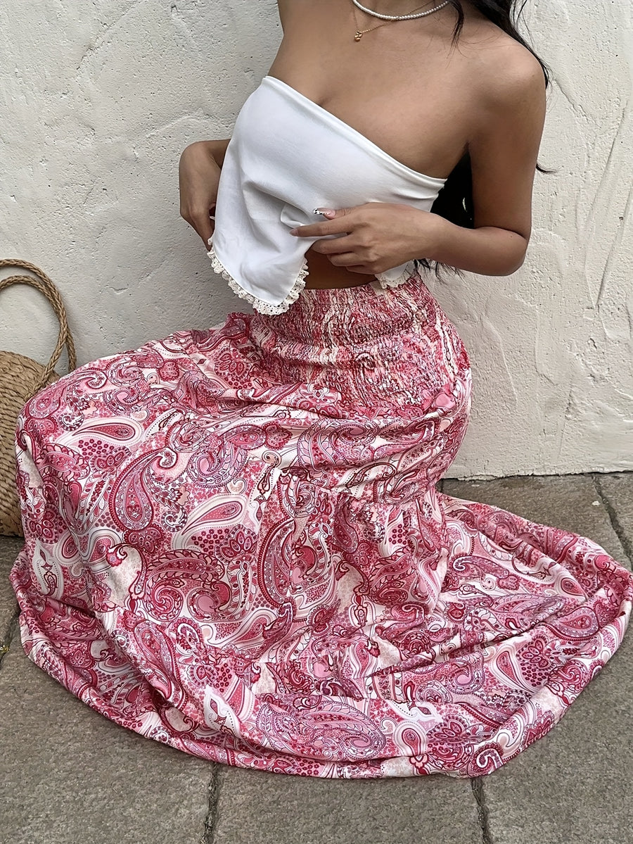 Women's Bohemian Summer Dress - Gypsy Print Maxi Skirt - High Waist, Flared A-Line with Geometric Pattern, Slim Fit Long Flowy Hem for Elegant Casual Beach and Outdoor Outfits - Pink