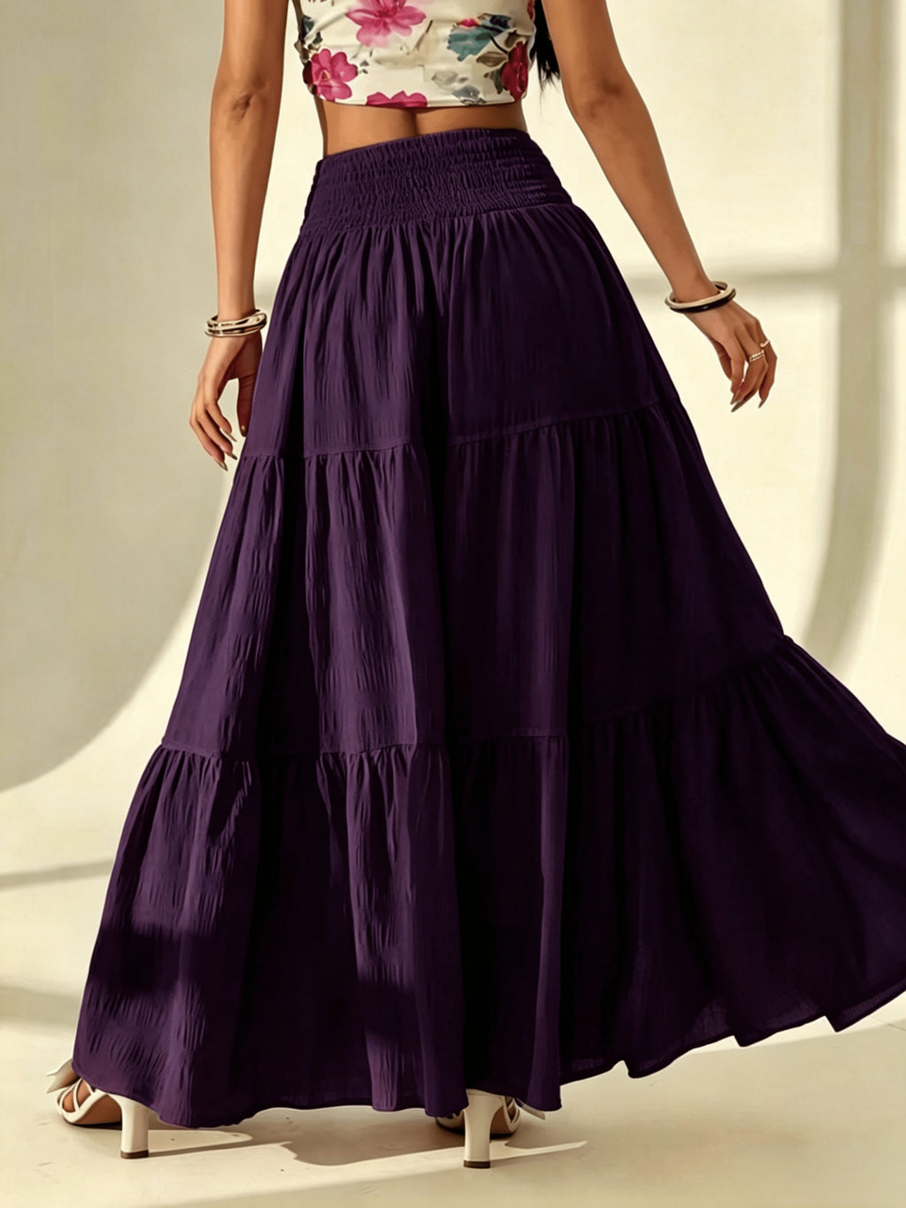 Bohemian Tiered Maxi Skirt, High-Waist Smocked A-Line Flowy Long Skirt, Casual Loose Pleated Solid Color Skirt for Beach Vacation Daily Wear, Women'S Fashion - Deep Purple