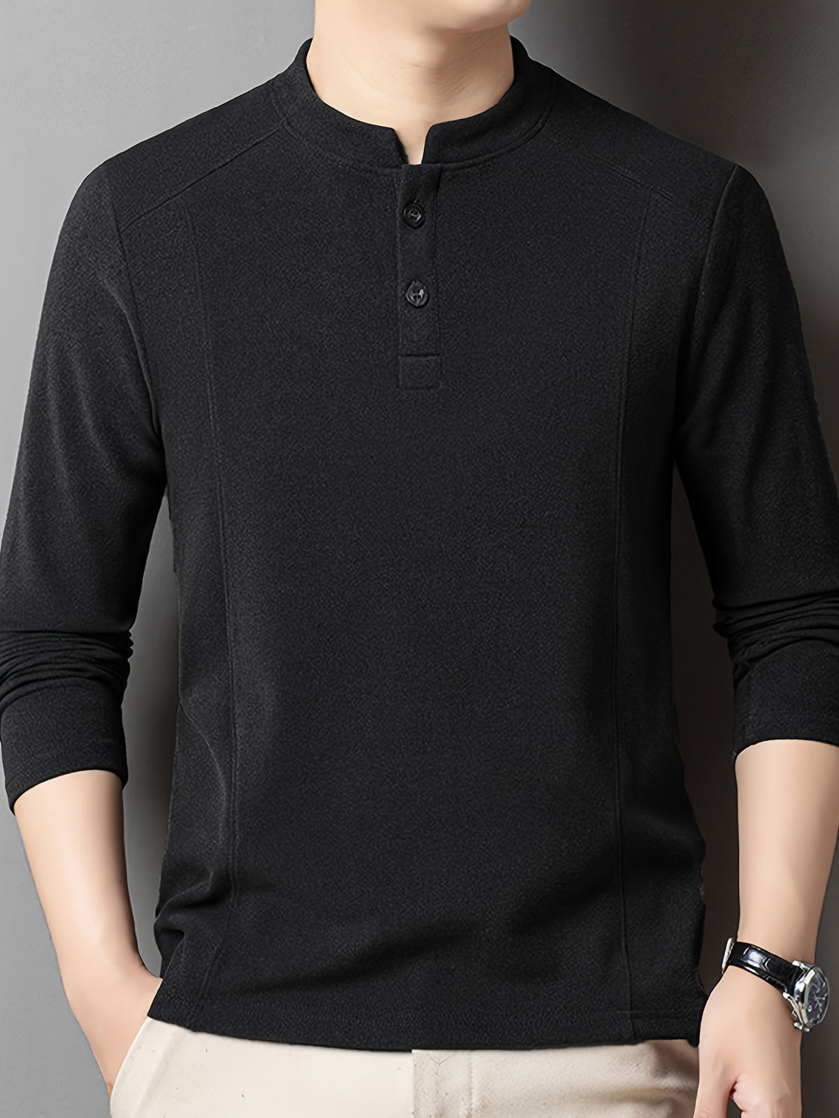 Men's Henley Neck Long Sleeve Base Layer Shirt, Slim Fit but Not Tight, Suitable for Middle-Aged Men, with a Light Business-Casual Vibe. -SINBOS - Black