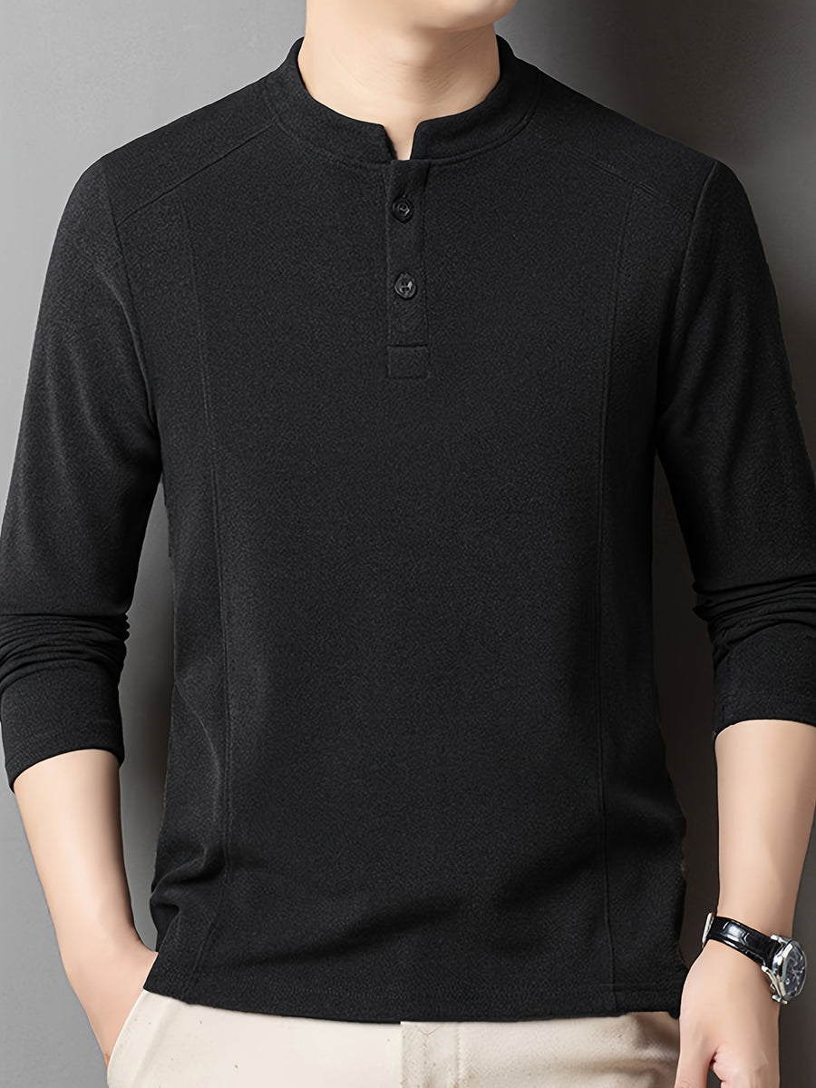 Men's Henley Neck Long Sleeve Base Layer Shirt, Slim Fit but Not Tight, Suitable for Middle-Aged Men, with a Light Business-Casual Vibe. -SINBOS - Black