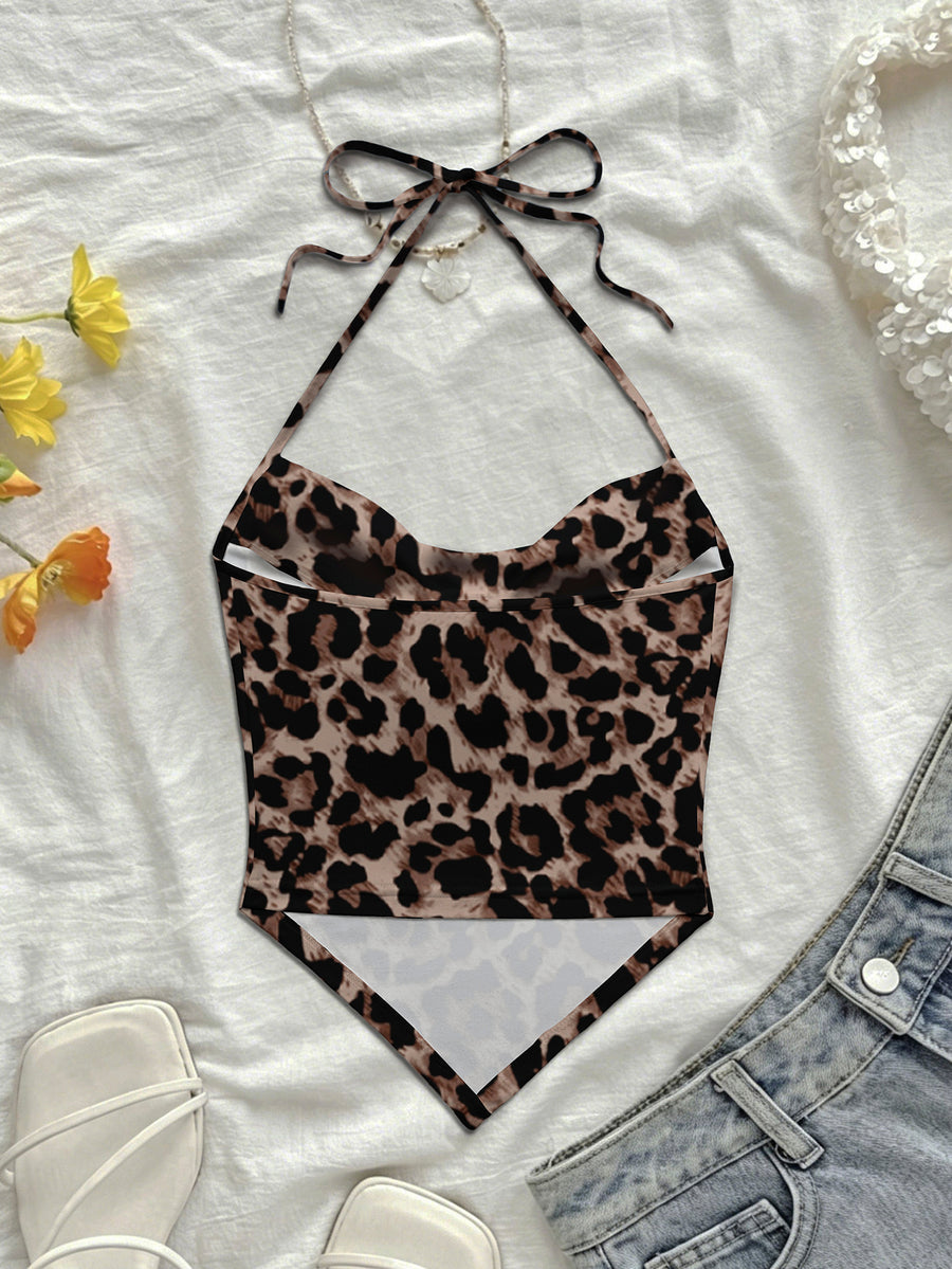 Women Summer New Arrival Hot Boho Casual Beach Vacation Daily Wear Allover Floral Print Sweetheart Neck Halter Tie Crop Top - Coffee Brown