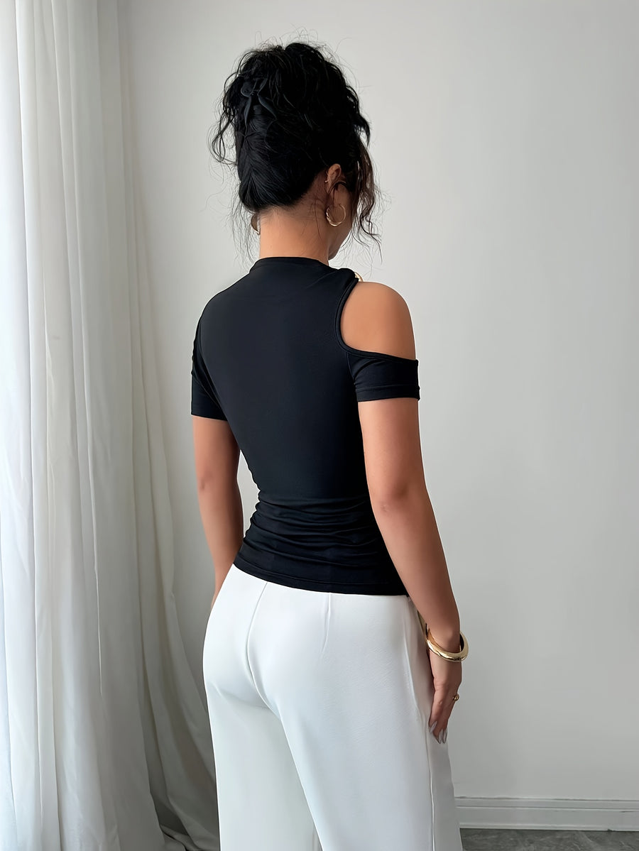 Women's Slim-Fit Fashion Short-Sleeve Top with Front Tie and Metal Buckle Detail - Black