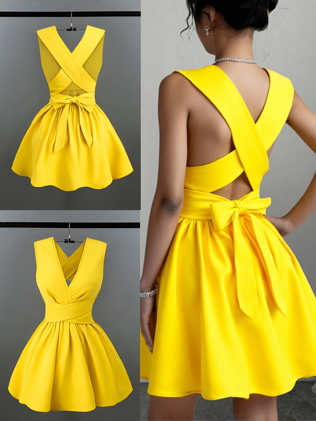Women'S Romantic Elegant Sexy Wedding Guest Style Wearable Cross V-Neck Sleeveless A-Line Mini Dress - Yellow