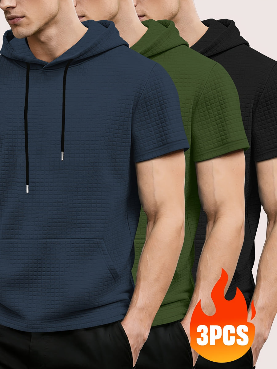 3pcs Men's Waffle Knit Short Sleeve Hoodie with Kangaroo Pocket, Soft and Breathable Fabric, Multiple Color Options, Versatile for Daily Wear, Simple and Stylish Casual Sportswear, Suitable as Matching Family Outfits, Great Choice for Gifts - Navy blue + army green + black