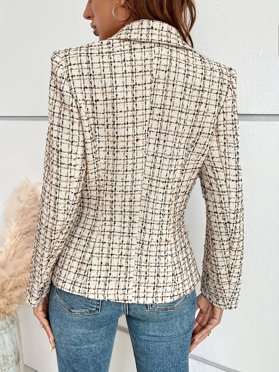 2026 New Stylish Design Double-Breasted Beautiful Tweed Jacket with Irregular Check Pattern - Machine Washable - Made of - Lined - Decorative Patch Pockets - Elegant Women'S Professional Attire - Suitable for Teachers - Perfect for Home, Outings - Off-white