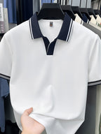 [Shule Water OBM] Summer Men'S Short Sleeve T-Shirt, Contrast Striped Cool Business Casual Versatile Top, Mid-Age Men'S Short Sleeve Collared Polo Shirt (72616) - White