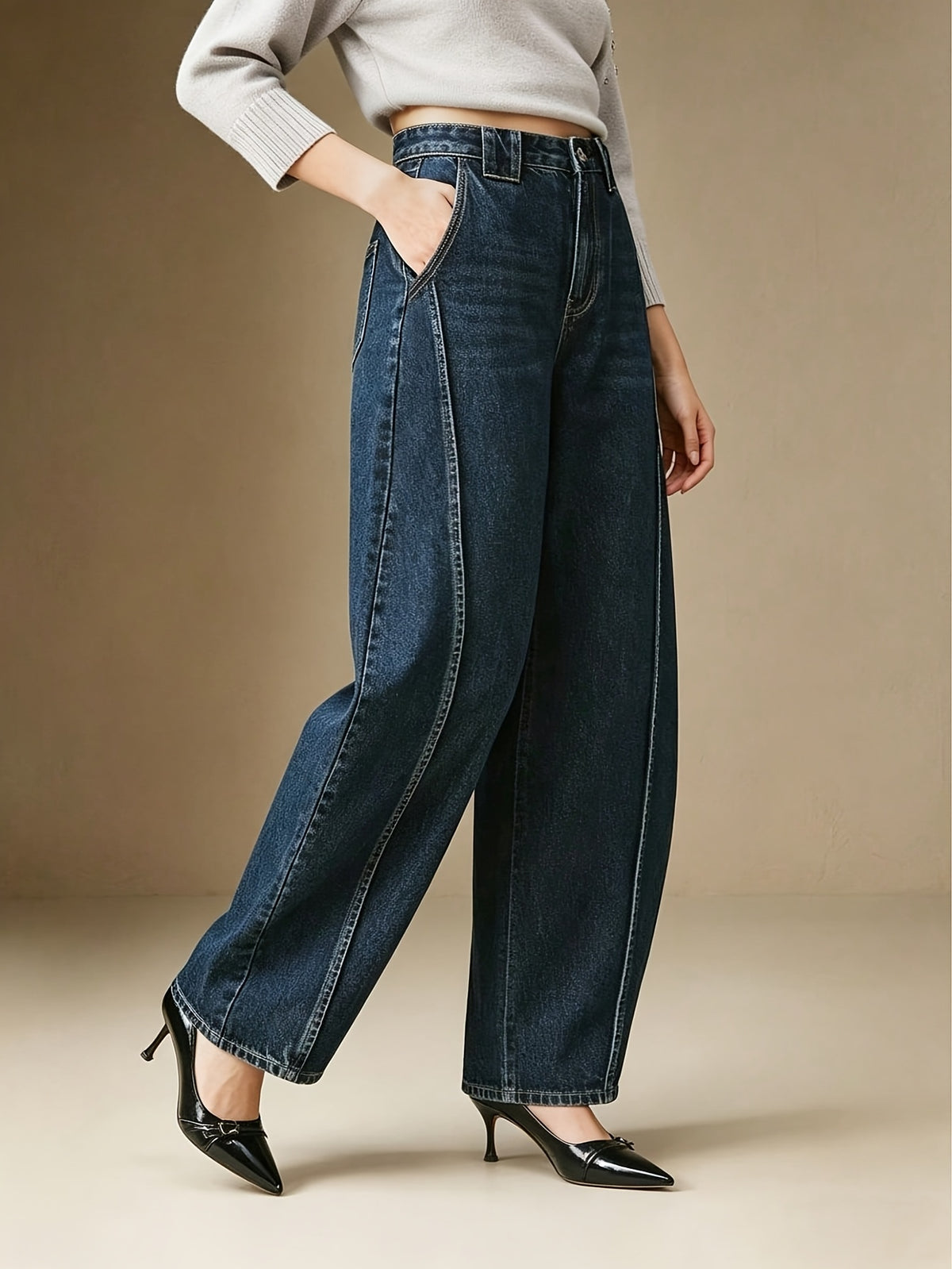 Women'S Daily Casual Elastic Wide-Leg Jeans - Grey Blue