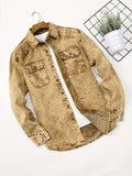 Men'S Retro Denim Shirt Long Sleeve Fashion New Shirt Casual High-End Double Pocket Washed Denim Shirt Lapel Shirt Classic Blue Versatile Top Handmade Denim Popular Denim Shirt Men'S - Yellowish-brown