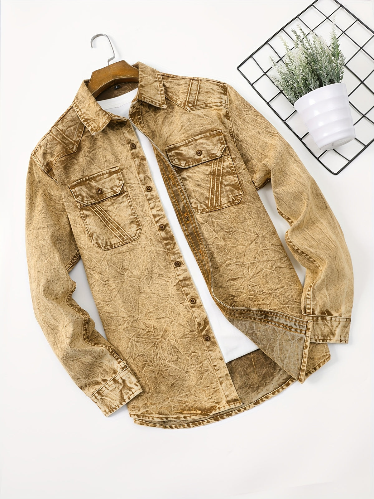 Men'S Retro Denim Shirt Long Sleeve Fashion New Shirt Casual High-End Double Pocket Washed Denim Shirt Lapel Shirt Classic Blue Versatile Top Handmade Denim Popular Denim Shirt Men'S - Yellowish-brown