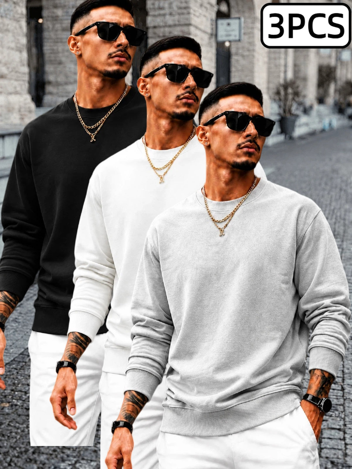 [Villa Le Water OBM] 3pcs Men'S Solid Color Round Neck Drop Shoulder Loose Comfortable Sweatshirts, with Ribbed Comfortable Elastic Cuffs, Comfortable Fit, Composite Fabric Craftsmanship, Warm And Non-Breathable, Breathable Fabric, Fitted Fabric - Steel